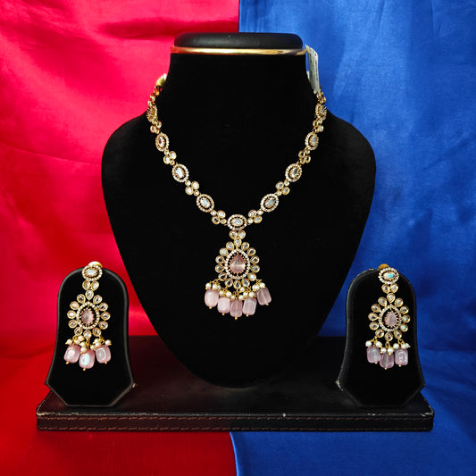 Beautiful Victorian Short Necklace In Baby Pink Stone