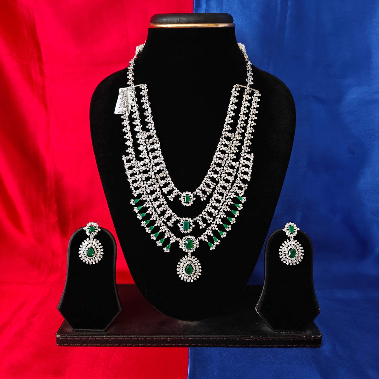 Beautiful Silver Layered Long Necklace In Green Stone