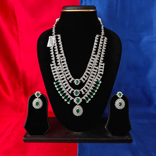 Beautiful Silver Layered Long Necklace In Green Stone