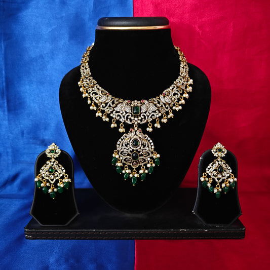 Beautiful Victorian Short Necklace In Green Beads - Ambica Wedding Mall