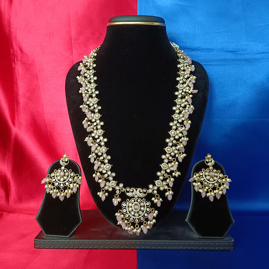 Elegant Victorian Long Necklace In Baby Pink Beads