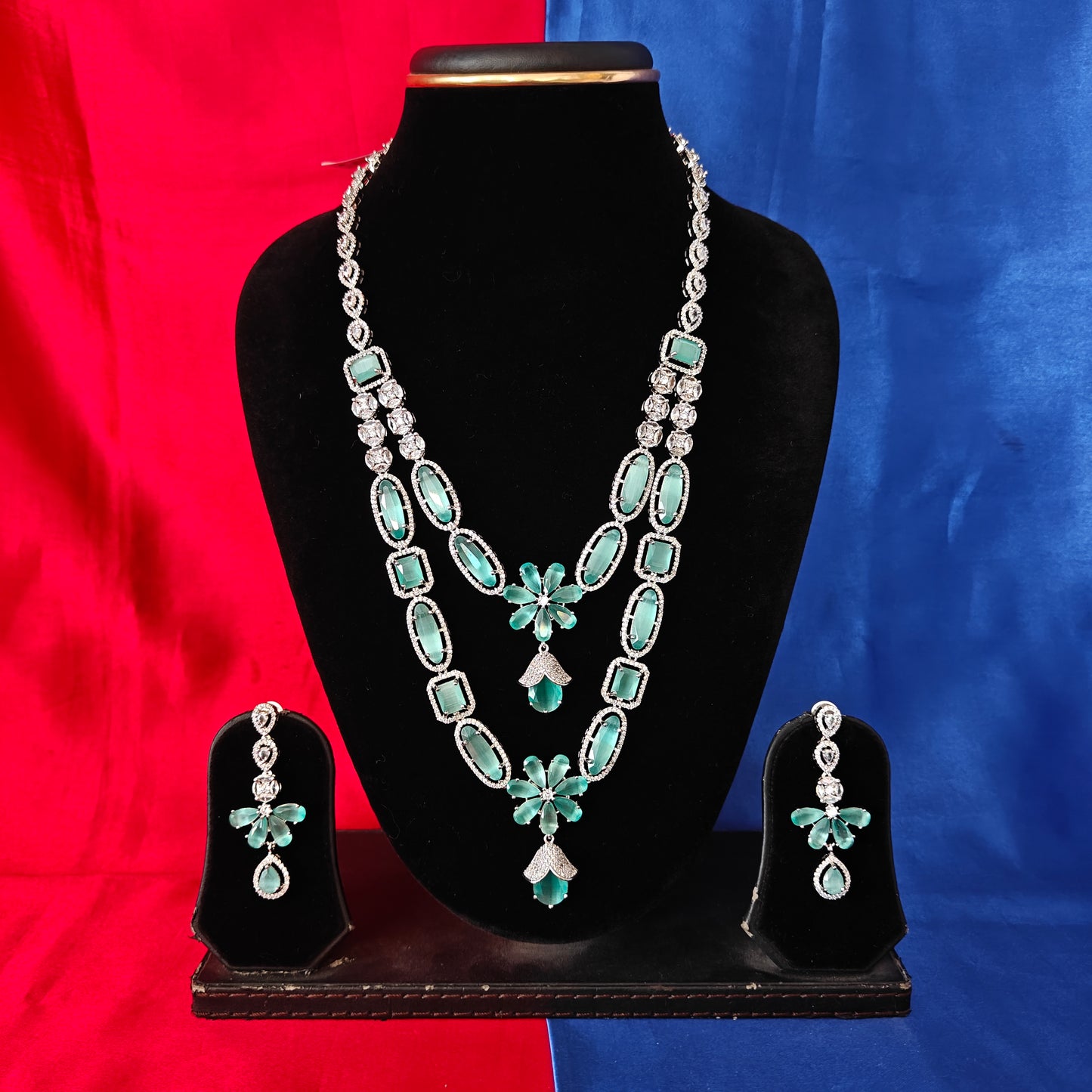 Beautiful Silver Layered Long Necklace In Pista Green Stone