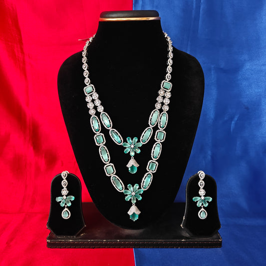 Beautiful Silver Layered Long Necklace In Pista Green Stone