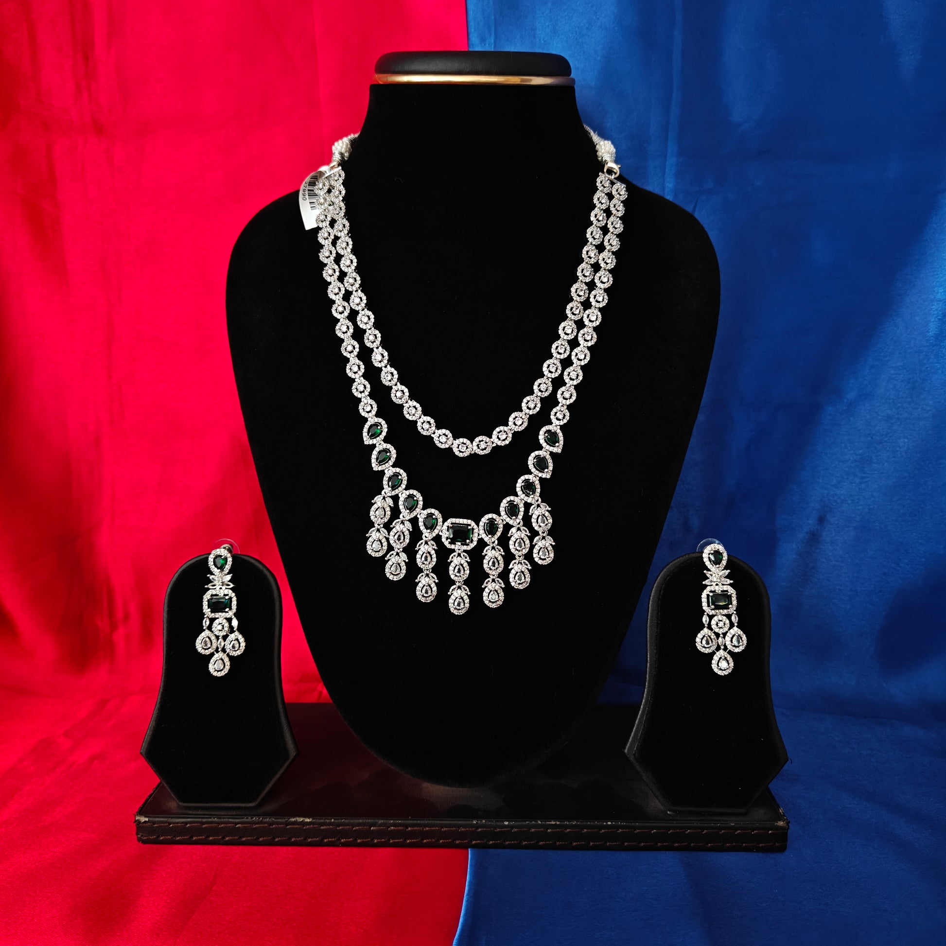 Elegant Silver Layered Necklace In Green Stone - Ambica Wedding Mall