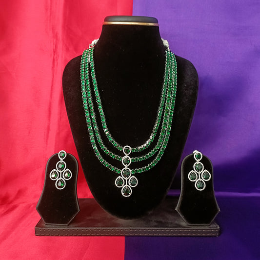 Elegant Silver Layered Long Necklace In Green Stone