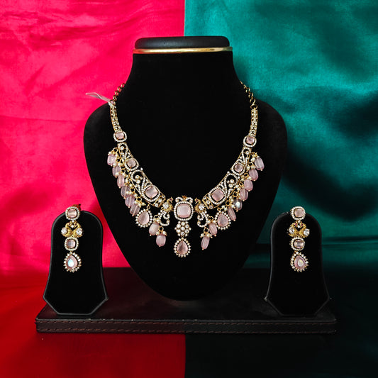 Elegant Victorian Kante Necklace In Baby Pink Stone