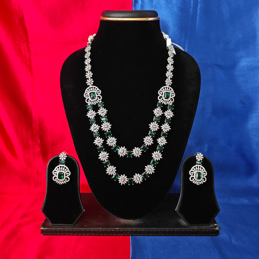 Beautiful Silver Layered Long Necklace In Green Stone