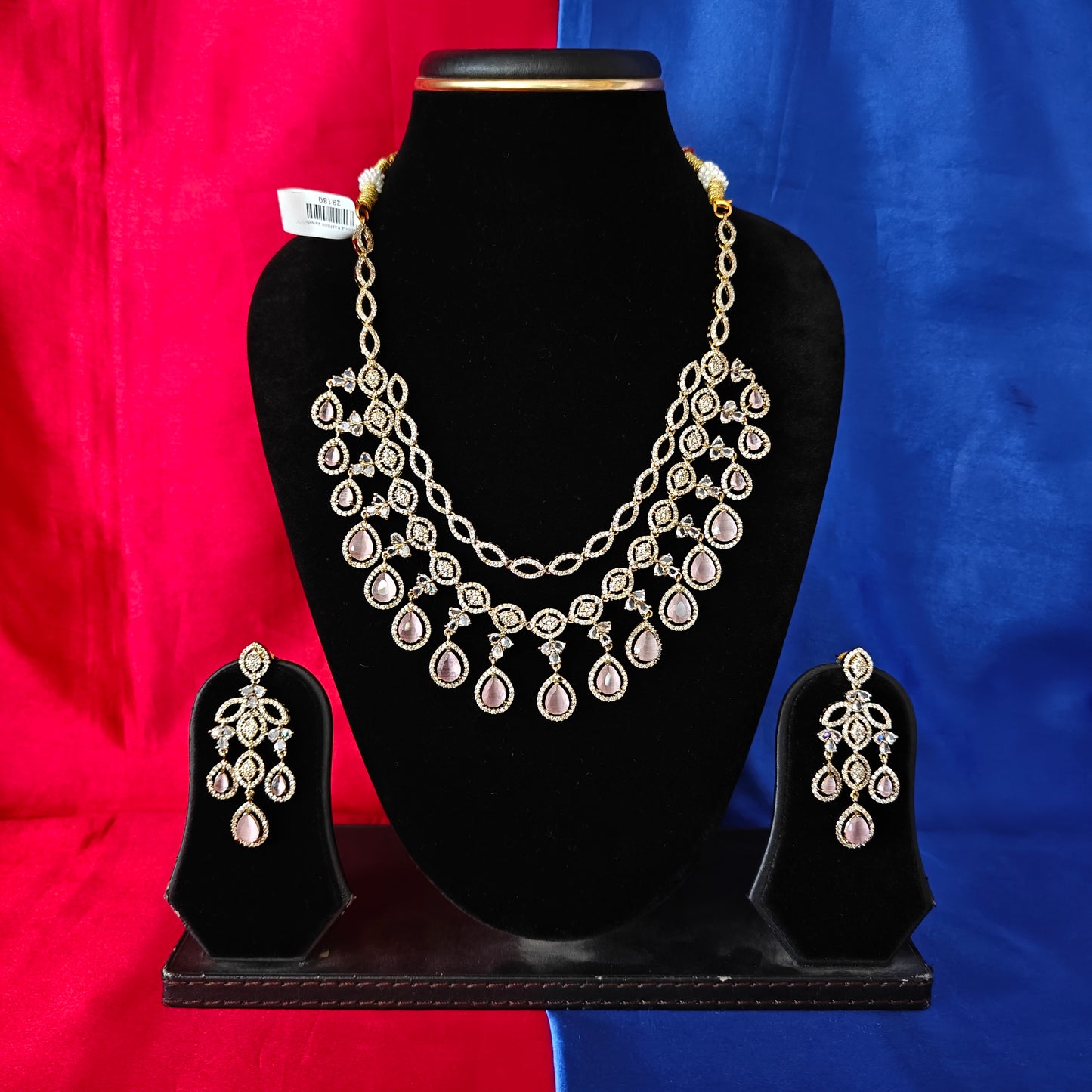 Beautiful Victorian Layered Long Necklace In Baby Pink Stone