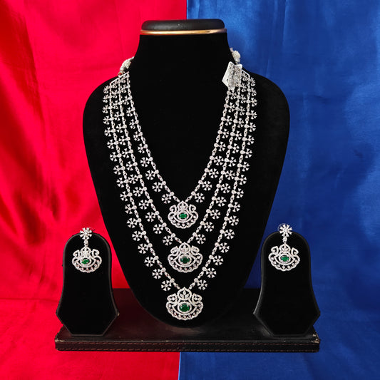 Beautiful Silver Layered Long Necklace In Green Stone