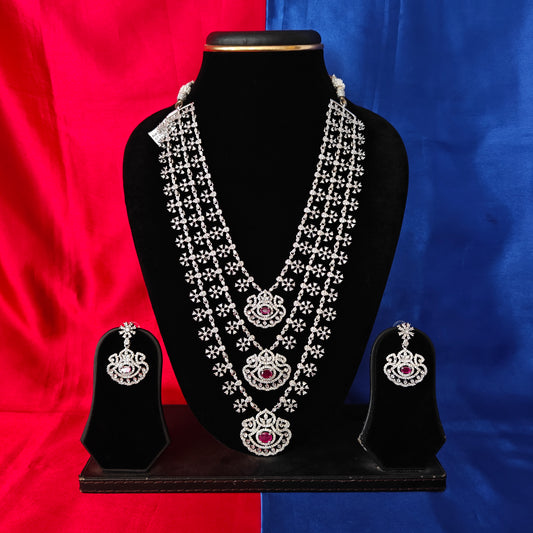 Beautiful Silver Layered Long Necklace In Ruby Stone