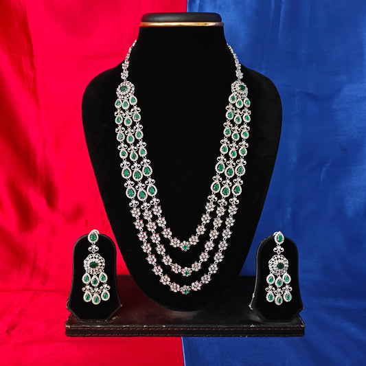 Beautiful Silver Layered Long Necklace In Green Stone