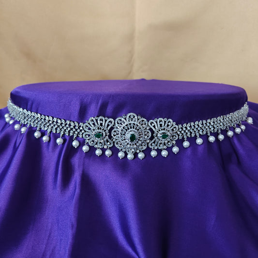 Beautiful Silver Chain Type Vaddanam In Green Stone