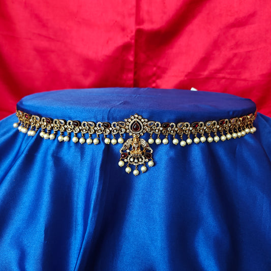 Beautiful Victorian Chain Type Vaddanam In Maroon Stone