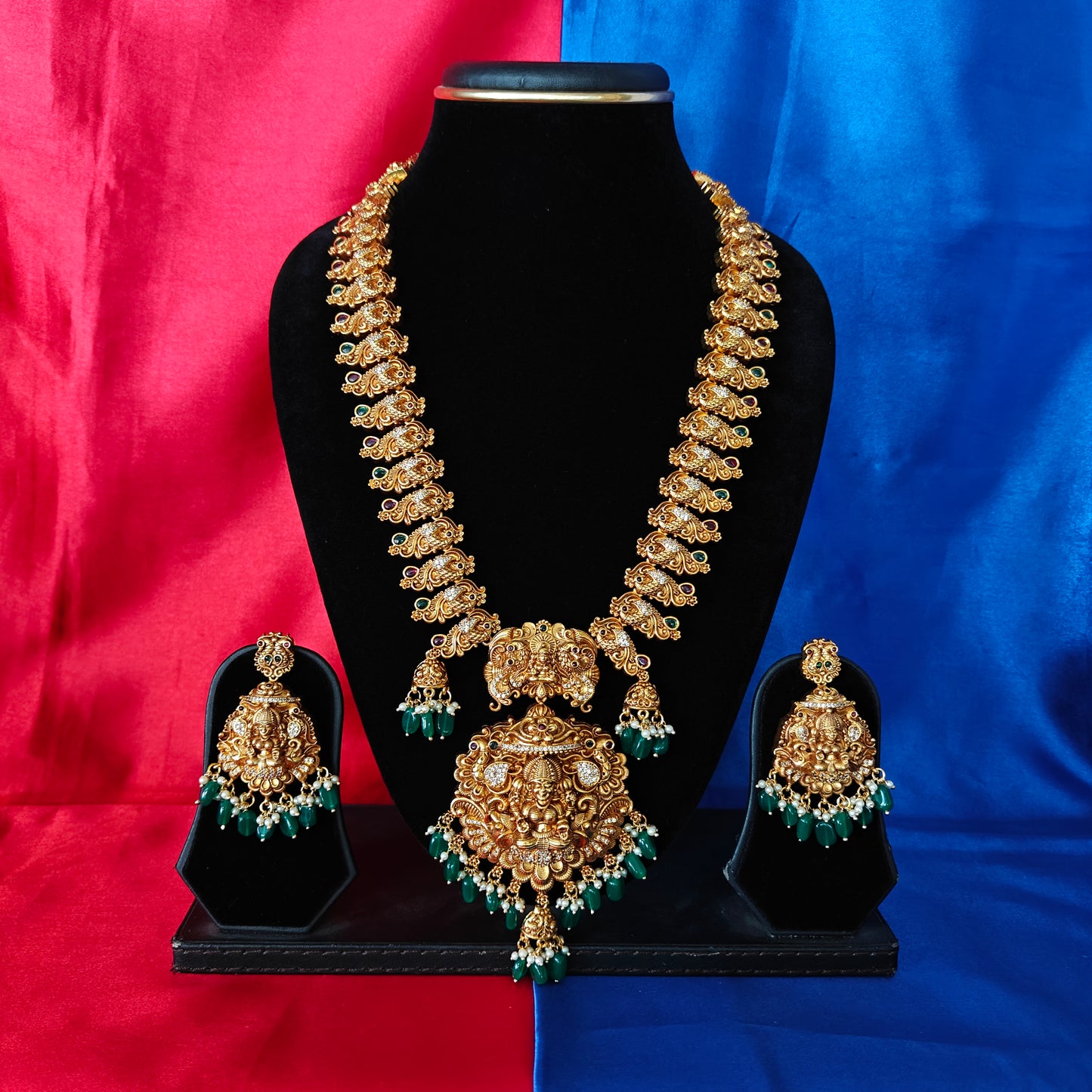 Beautiful Nakshi Long Necklace In Green Beads With Laxmi Idol
