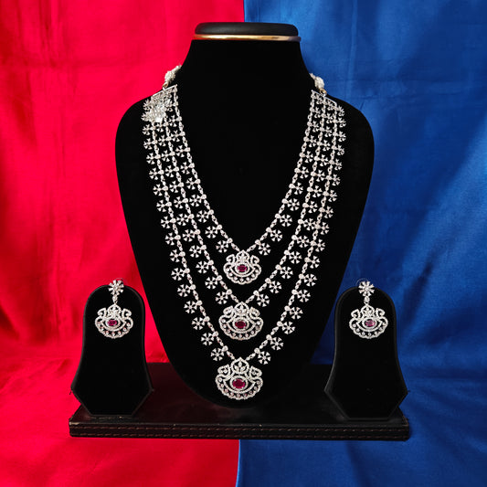 Elegant Silver Layered Long Necklace In Ruby Stone