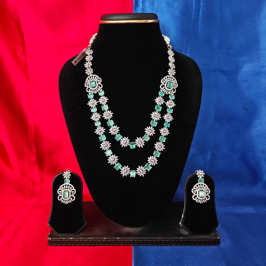 Beautiful Silver Layered Long Necklace In Pista Green Stone