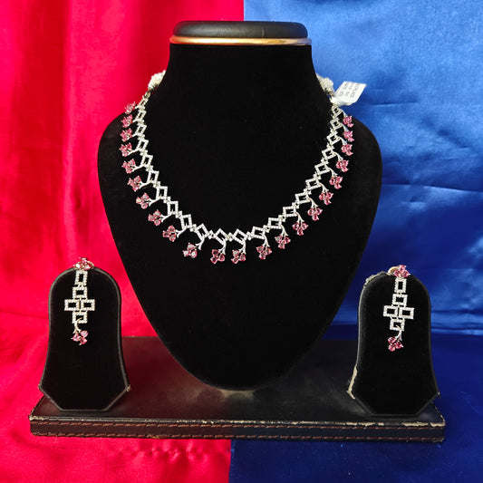Elegant AD Short Necklace In Maroon Coloured Stone