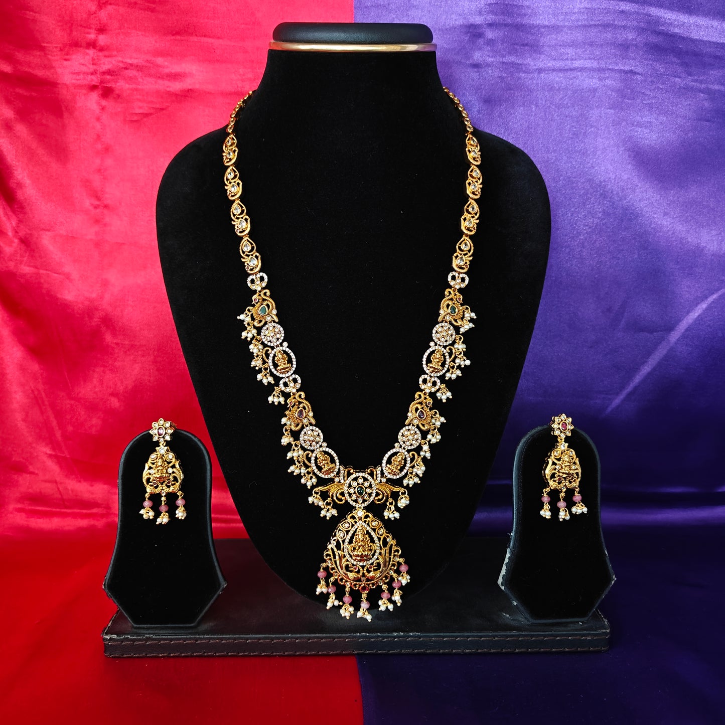 Beautiful Nakshi Long Necklace In Baby Pink Crystal