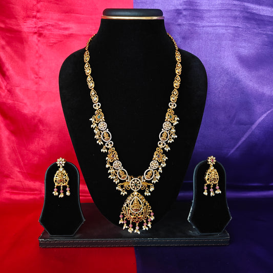 Beautiful Nakshi Long Necklace In Baby Pink Crystal