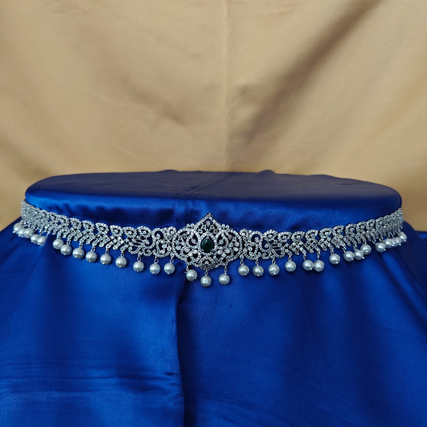 Beautiful Silver Chain Type Vaddanam In Green Stone