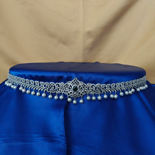 Beautiful Silver Chain Type Vaddanam In Green Stone