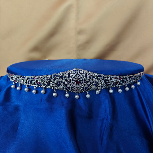 Beautiful Silver Chain Type Vaddanam In Ruby Stone