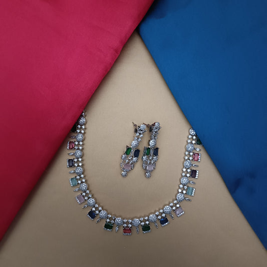 Elegant AD Short Necklace In Multi Colour Stone