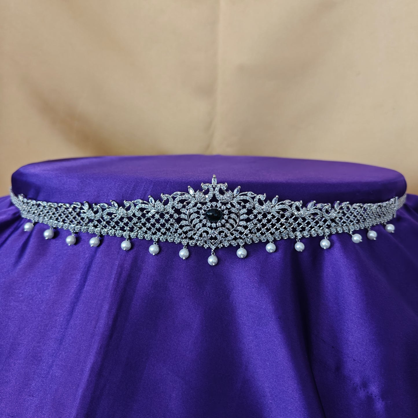 Beautiful Silver Chain Type Vaddanam In Green Stone