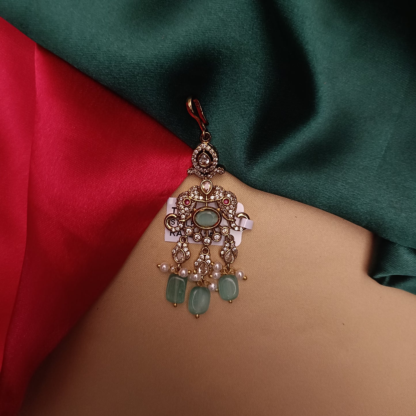 Beautiful Victorian Tika In Pista Green Beads