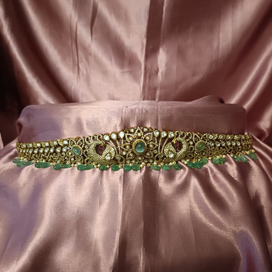 Elegant Victorian Vaddanam In Green Beads