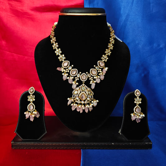 Beautiful Victorian Short Necklace In Baby Pink Beads