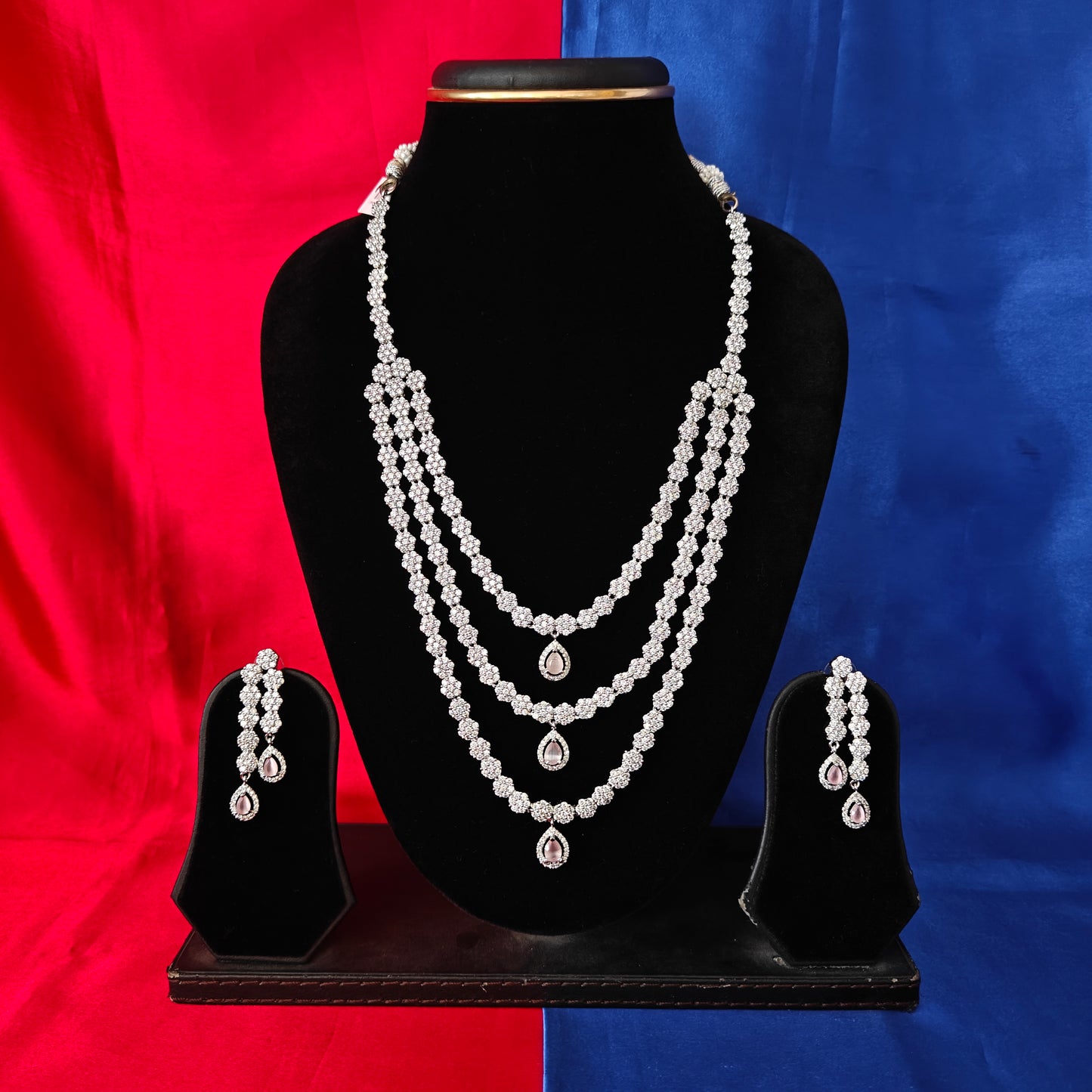 Beautiful Silver Layered Long Necklace In Baby Pink Stone