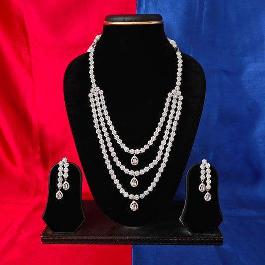Beautiful Silver Layered Long Necklace In Baby Pink Stone