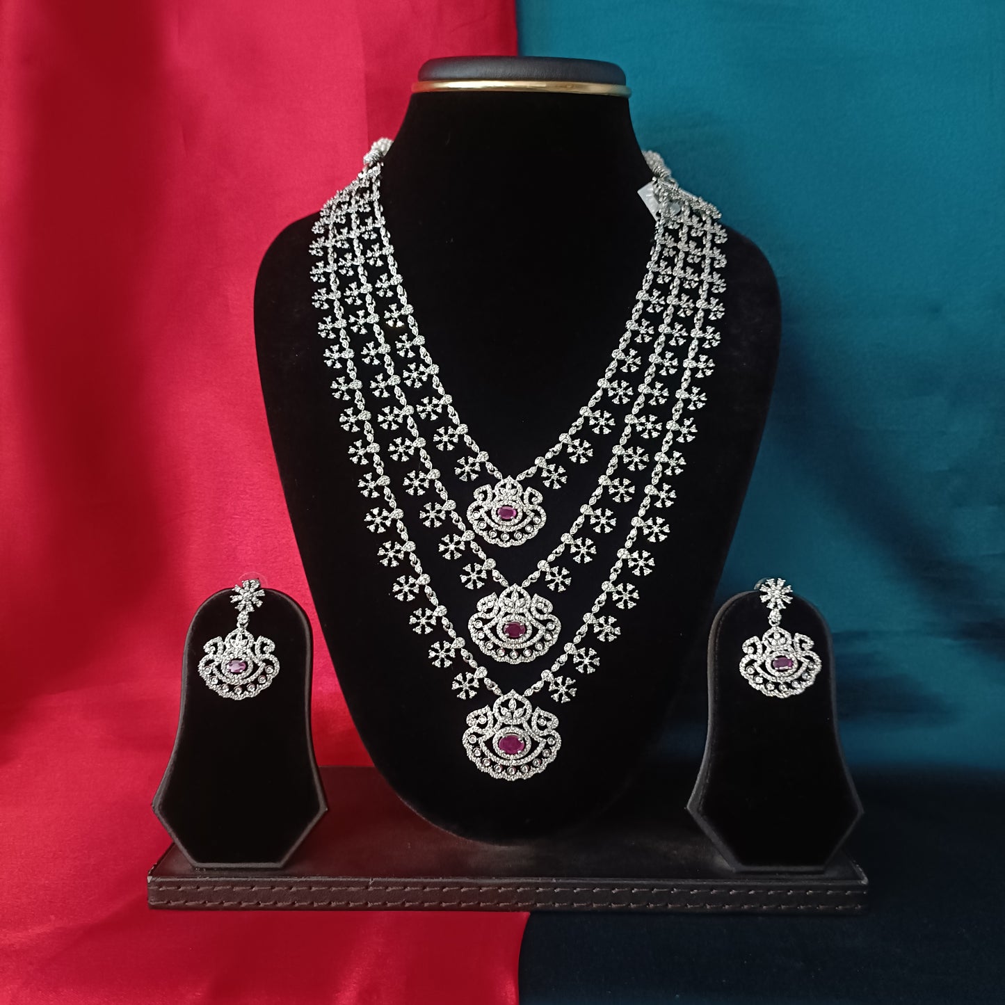Beautiful Silver Layered Necklace In Ruby Stone