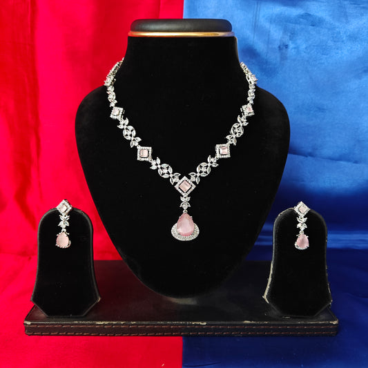 Elegant AD Short Necklace In Baby Pink Coloured Stone
