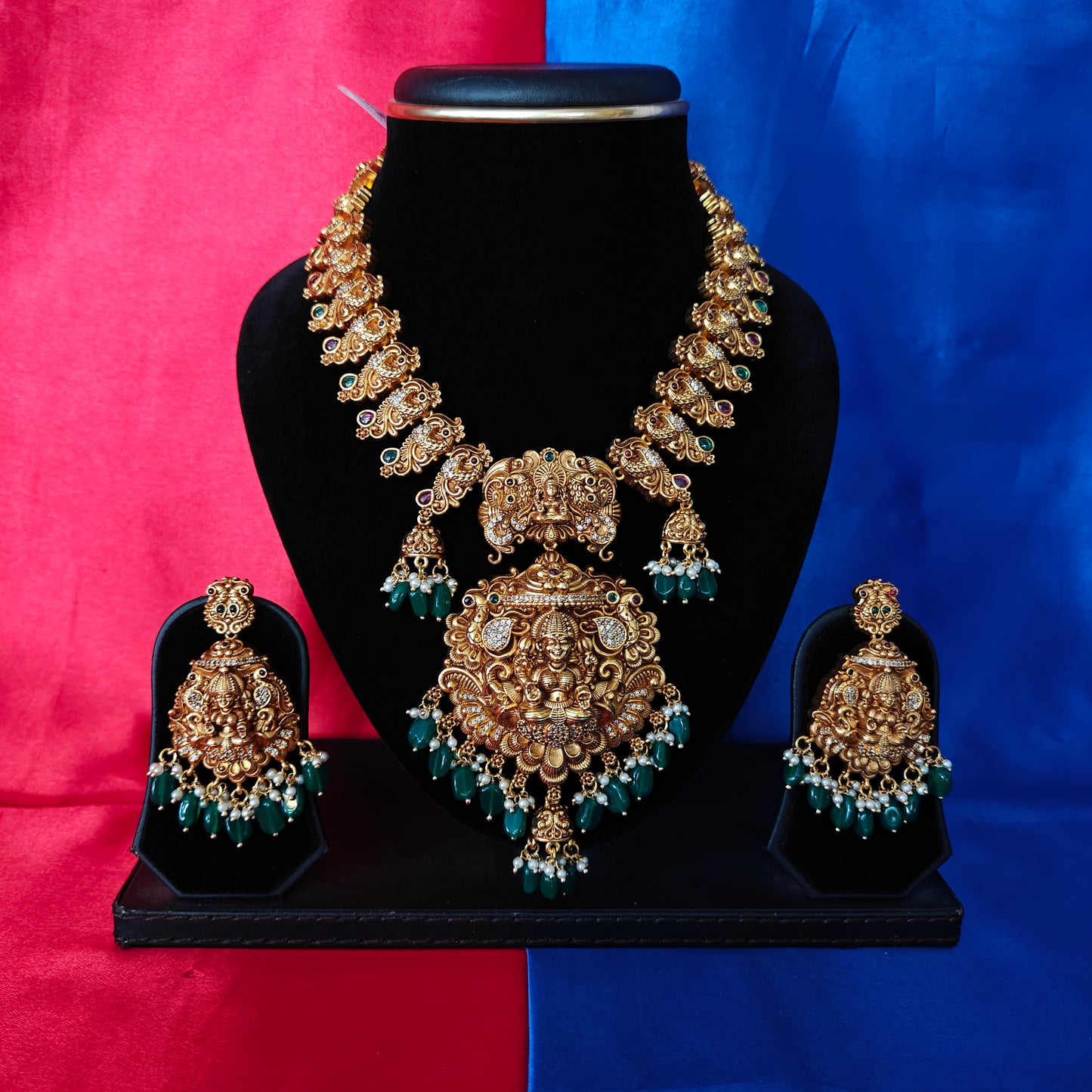 Beautiful Nakshi Short Necklace In Green Beads With Laxmi Idol
