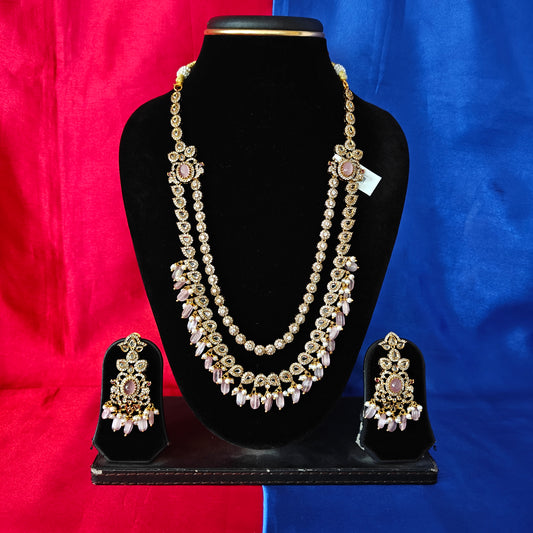 Beautiful Victorian Layered Long Necklace In Baby Pink Beads
