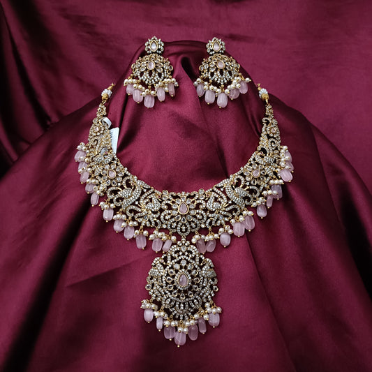 Elegant Baby Pink Studded Short Necklace