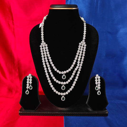 Beautiful Silver Layered Long Necklace In Green Stone