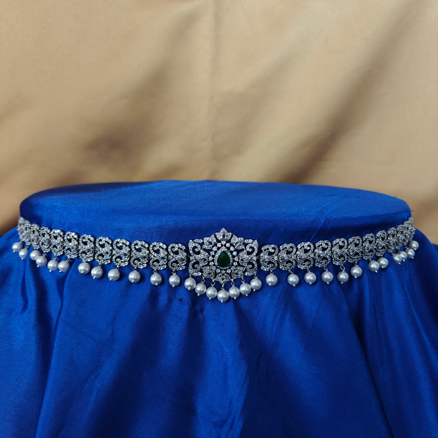 Beautiful Silver Chain Type Vaddanam In Green Stone