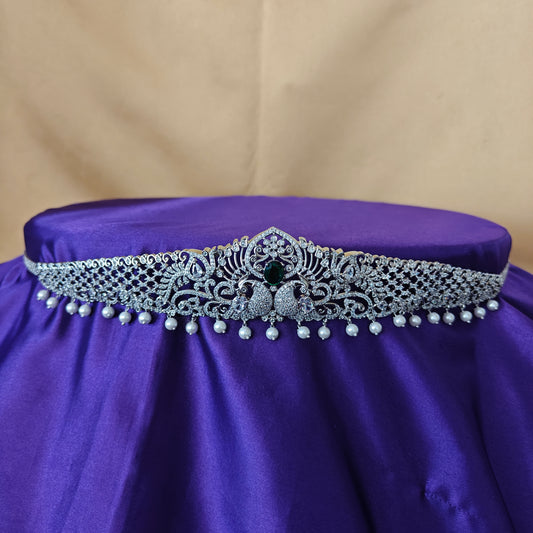 Beautiful Silver Chain Type Vaddanam In Green Stone