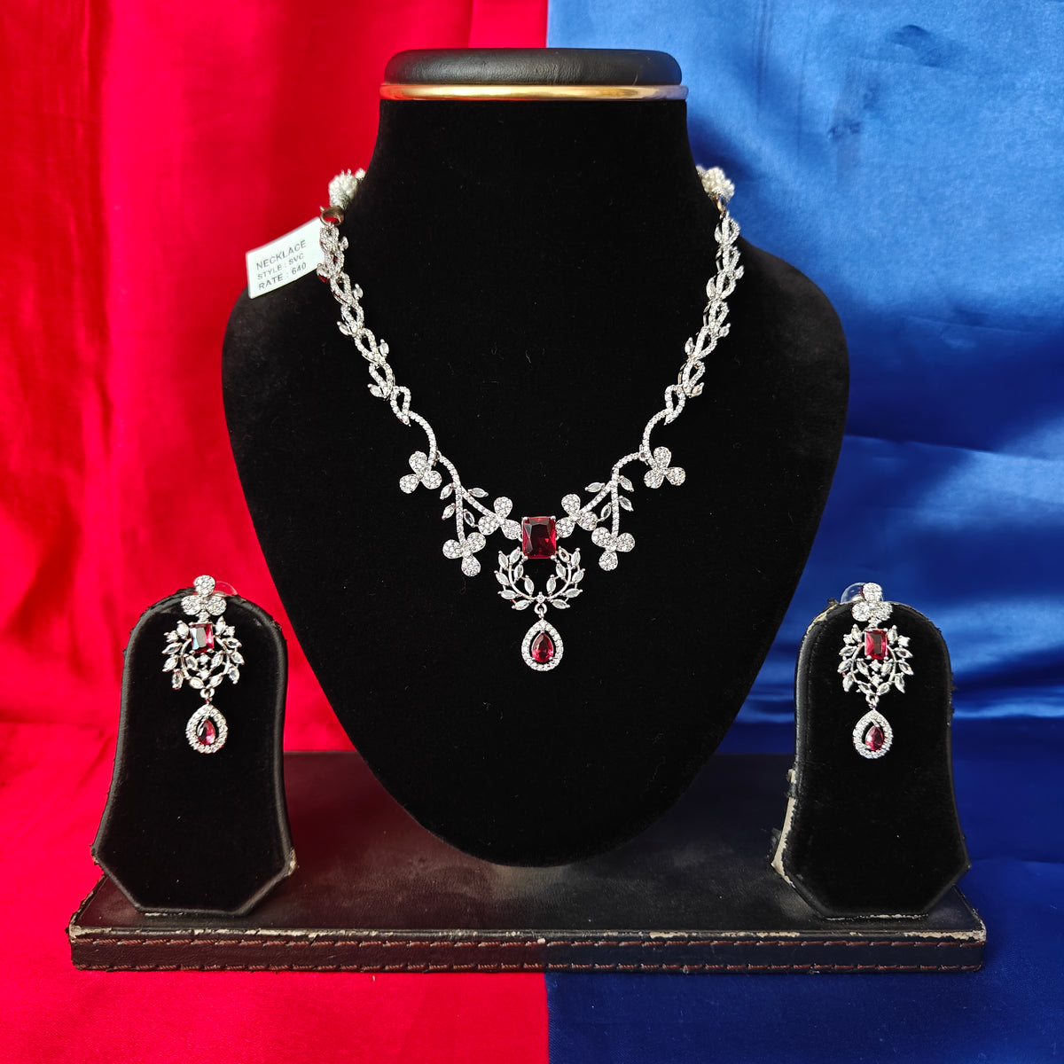 Elegant AD Short Necklace In Maroon Coloured Stone
