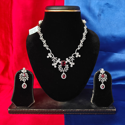 Elegant AD Short Necklace In Maroon Coloured Stone