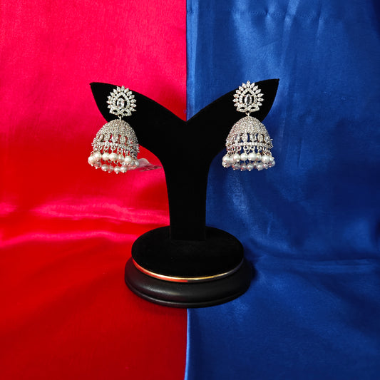 Beautiful Silver Jhumki In White Stone