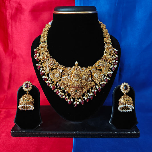 Beautiful Nakshi Short Necklace With Laxmi Idol In Maroon Beads