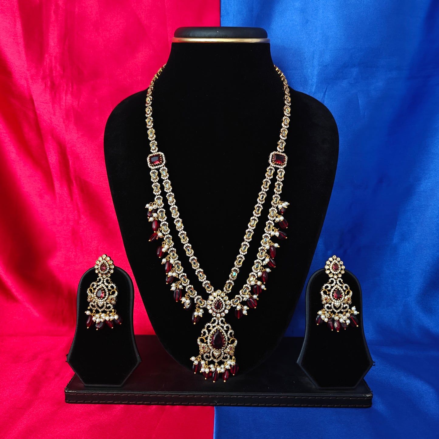 Elegant Victorian Layered Long Necklace In Maroon Beads