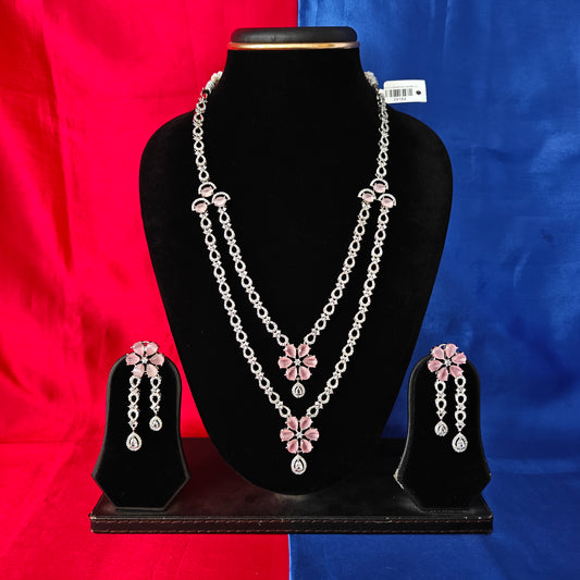Beautiful Silver Layered Long Necklace In Baby Pink Stone