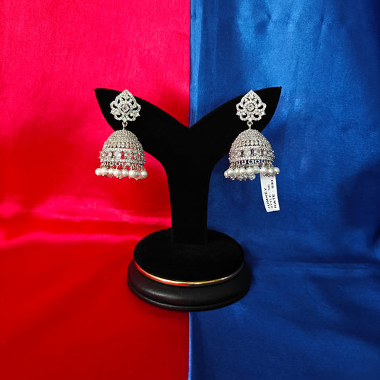 Beautiful Silver Jhumki In White Stone