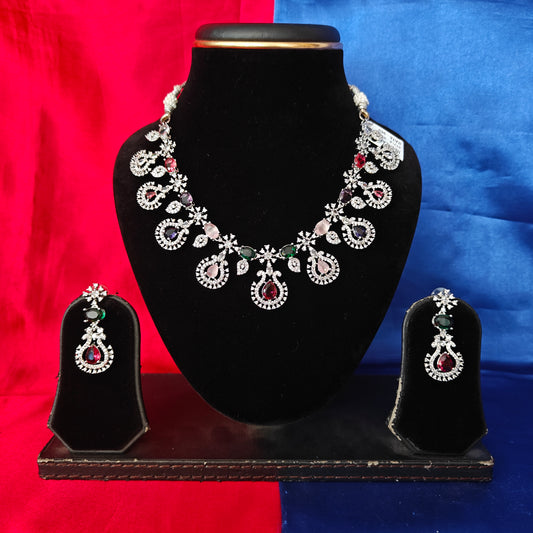 Elegant AD Short Necklace In Multi Coloured Stone