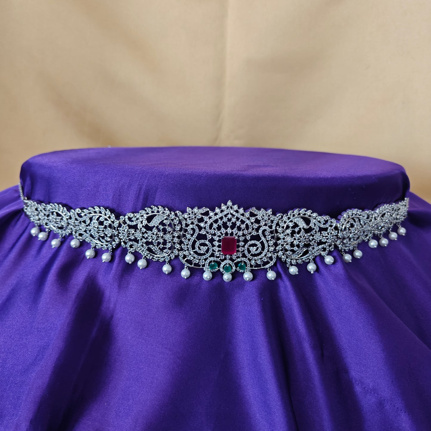 Beautiful Silver Chain Type Vaddanam In Multi Colour Stone